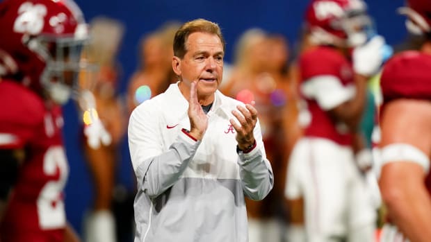 Dec 2, 2023; Atlanta, GA, USA; Alabama Crimson Tide head coach Nick Saban looks on before the SEC Championship game against the Georgia Bulldogs at Mercedes-Benz Stadium.
